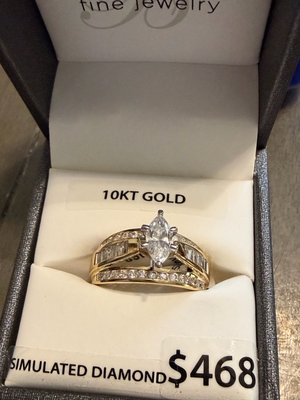 10KT Gold Marquise Simulated Diamond Ring - Yellow Gold